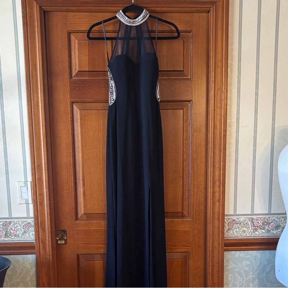 Chic Navy Blue Halter Prom Dress with Rhinestone Embellishments. Junior Size 1